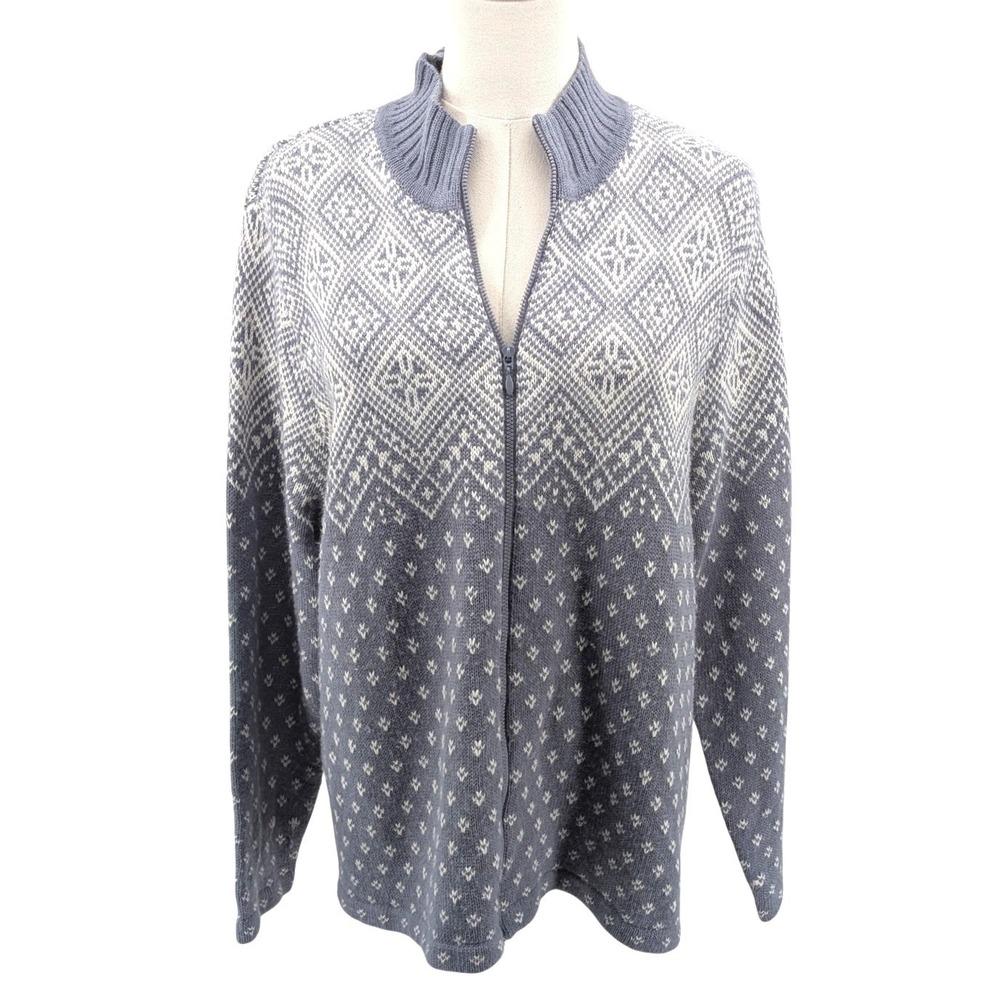 Wool Blend Fair Isle Cardigan Sweater Blue White Nordic Full Zip Norton L